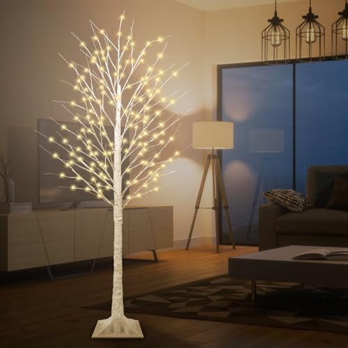 7FT Lighted Birch Tree with 170 LED Warm White and Multicolor Lights,
