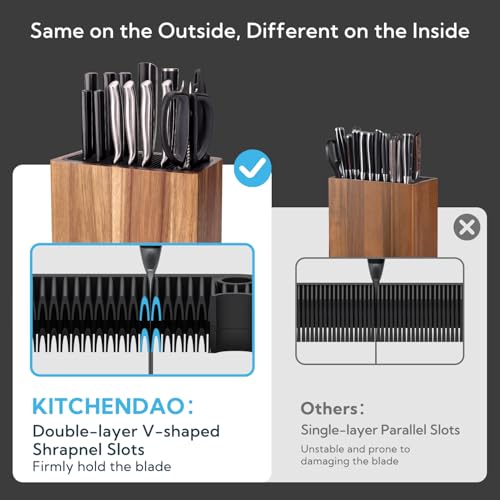 KITCHENDAO XL Acacia Wood Universal Knife Block with Slots for Scissors & Sharpening Rod, Space Saver