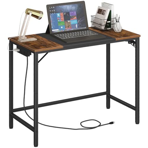 HOOBRO Rustic Brown & Black 31.5 Inch Computer Desk with Power Outlet & USB Ports - Small Home Office Table, Study or Gaming Desk, Easy Assembly BF40UDN01