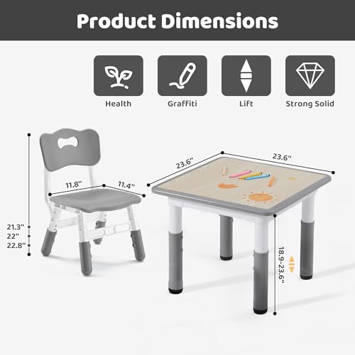 CuFun Kids Adjustable Table & Chair Set - Grey Wood, 23.6" x 23.6" with 2 Chairs for Ages 2-8