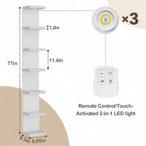 TFK 7 Tier White Floating Wall Shelf with LED Lights - Tall Display Storage