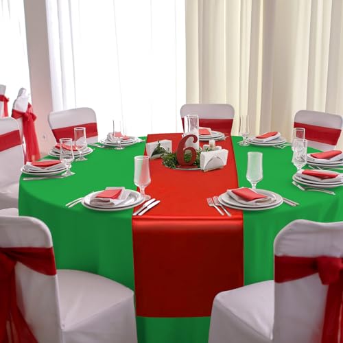 MASHAN 12 Pack Green Red Satin Table Runners & 84-Inch Plastic Christmas Tablecloths Set
