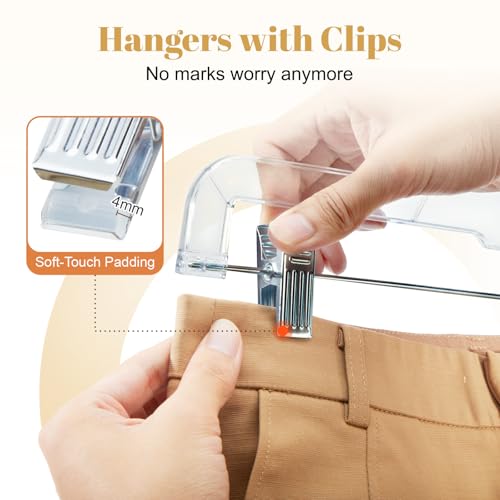 50 Pack Clear Plastic Clip Hangers for Skirts & Pants - Heavy Duty, Adjustable, Non-Marking