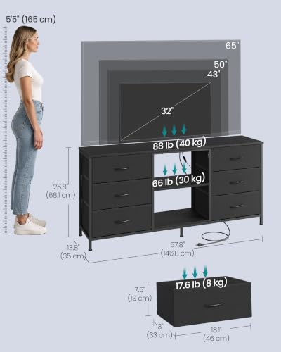 TV Stand for 65 Inch TVs with 6 Fabric Drawers and Shelves - Ink Black, 13.8"D x 57.8"W x 26.8"H