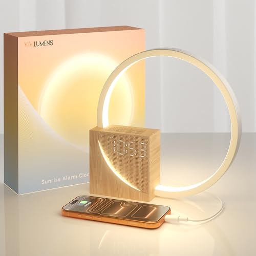 Wood Grain Sunrise Alarm Clock with Sound Machine for Heavy Sleepers