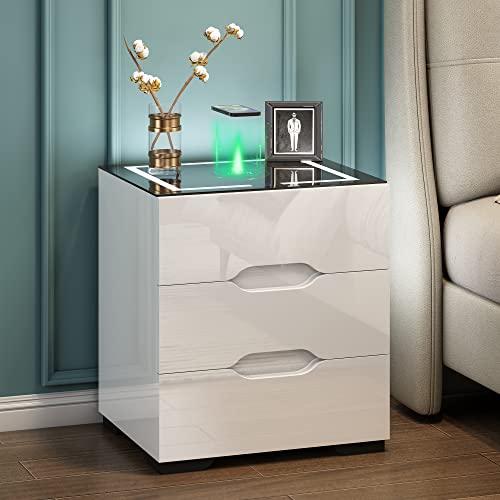 White Smart Nightstand with Wireless Charging & Adjustable LED Lights - 3 Drawer Bedside Table
