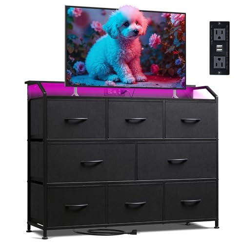 WLIVE Black LED Dresser with 8 Drawers, Outlet & USB Charging Station