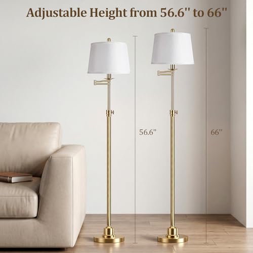 Antique Brass Floor Lamp with Swivel Swing Arm - Height Adjustable Mid Century Modern Tall Lamp for Living Room & Bedroom - LED Bulb Included