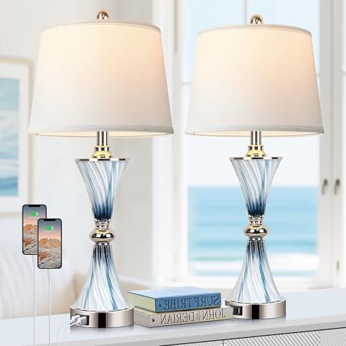Blue Dimmable Touch Glass Table Lamps with USB Ports - Set of 2 for Bedroom Decor