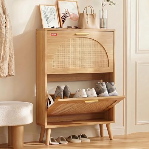 VEVOR Shoe Cabinet with 2 Flip Drawers, Rattan Doors, 6.61"D x 23.62"W x 34.53"H, Small Space Entryway Storage