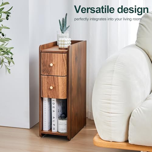 Narrow Nightstand Set of 2 - Walnut Wooden Small 2 Drawer End Tables - Mid Century Modern Slim Bedside Storage Variation of THIS listing