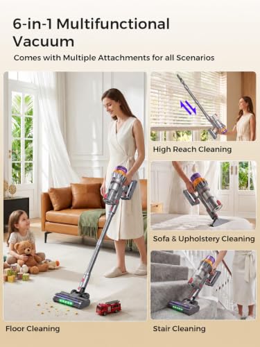 JIEANER Cordless Stick Vacuum Cleaner 600W, 55Kpa Suction, 70Min Runtime, Gray