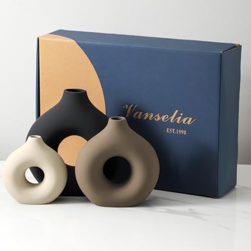 Vanselia Classic Ceramic Vase Set of 3 - Modern Donut-Shaped Table Decor