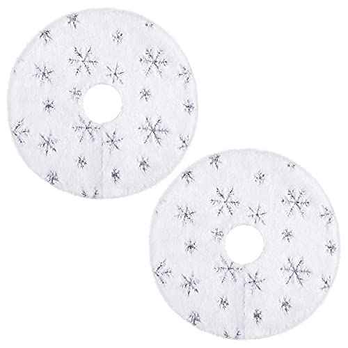 URATOT 2 Pack 15 Inches Mini Christmas Tree Skirt White with Silver Snowflake Tree Mat Faux Fur Plush Xmas Tree Skirt for Christmas Holiday Party Indoor Outdoor Home Decoration