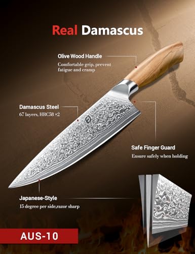 Emojoy 3-Piece Japanese Damascus Steel Knife Set with Olive Wood Handles & Wooden Box - Variation 3