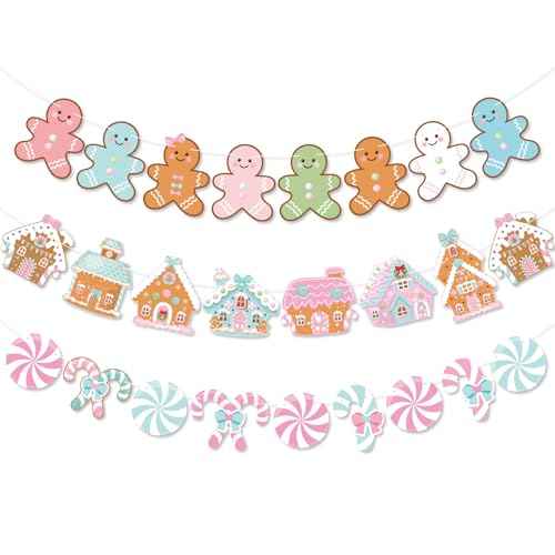 K KUMEED 3 PCS Gingerbread Man Theme Banners, Christmas House Decorations, Pink Party Supplies for Winter Birthday Baby Shower Decor