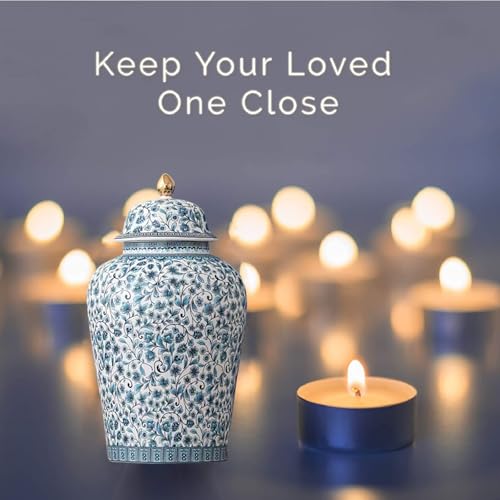 Blue Flower Urn for Adult Ashes - Ceramic Large Memorial Cremation Urn 200 Cubic Inches - Blue Flowers 200Lb Variation