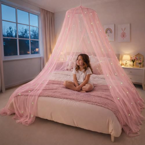 Pink Bed Canopy for Girls with Glowing Stars - Princess Room Decor, Fits Twin to Queen Size Bed