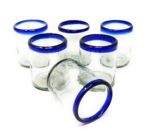 Mexican Hand Blown Glass Tumblers Set of 6 - Blue Rim 10 oz Drinking Glasses