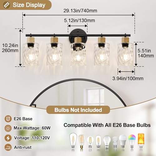 MOKATNG Matte Black 5-Light Coastal Vanity Light with Crystal Glass Shades