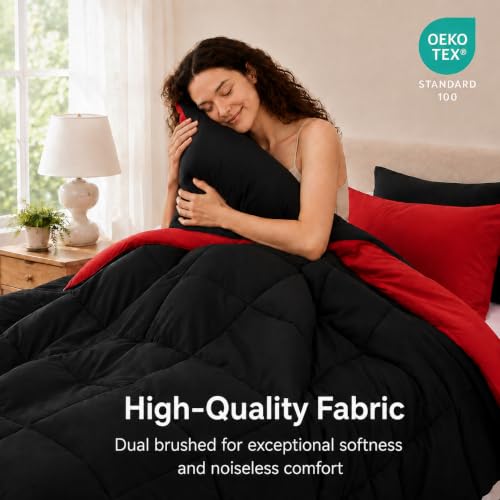 Anluoer Queen Comforter Set 7 Pieces, Reversible Black & Red Grid Bed in a Bag