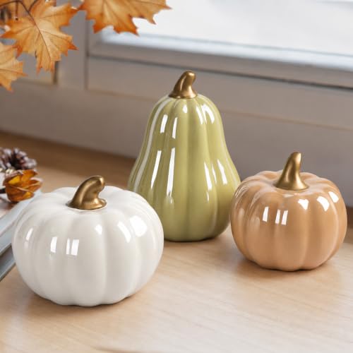 Set of 3 Modern Ceramic Pumpkins Fall Decor - Neutral Tones