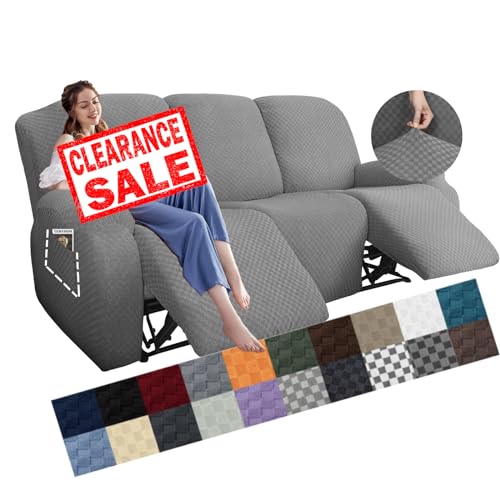 Light Gray 3-Seater Recliner Sofa Cover - 8-Piece Stretch Jacquard Fitted Slipcover with Side Pocket