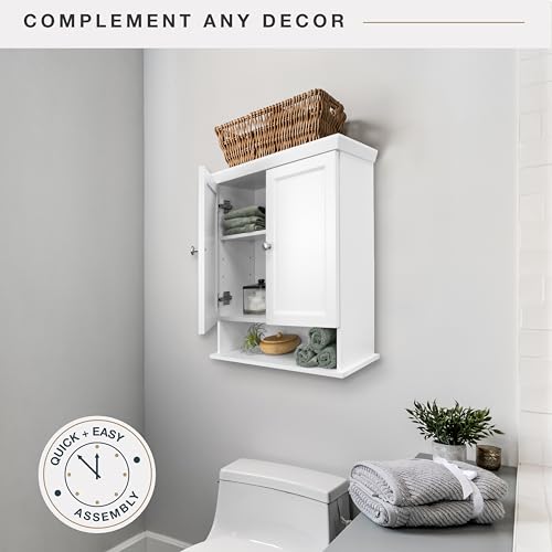 Wall Mounted Medicine Cabinet Organizer 23x26 Inches - White, 2-Door, Adjustable Shelf