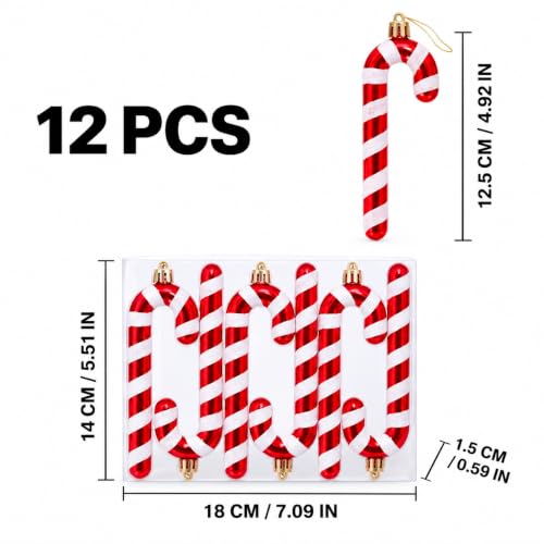 12Pcs Red & White Candy Cane Christmas Ornaments with Glitter – 12.5 cm