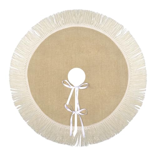 Mini Burlap Christmas Tree Skirt 24 Inch with Tassels – Small Fall Rustic Linen
