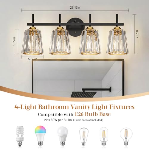 Crystal Bathroom Light Fixtures Over Mirror Black Gold 4-Lights Vanity Wall Sconces with Ceramic E26 Base - Modern Style