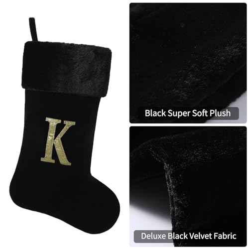 20 Inches Initial Monogram Christmas Stocking Personalized,Deluxe Black Velvet Body with Super Soft Plush Cuff Embroidered Letter,Holiday Season Decor£¨Black-Paw£©