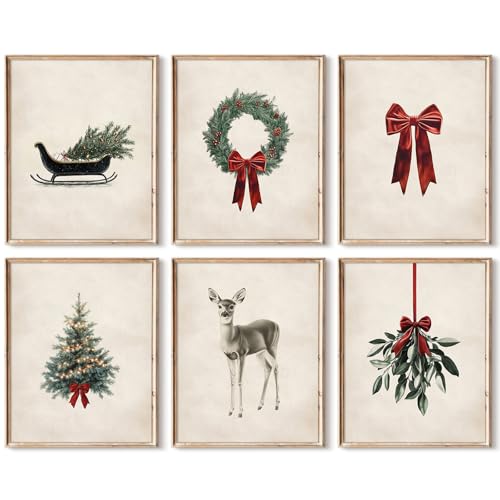 SYYANKK 12x16 Inch Unframed Vintage Christmas Wall Art Set - Rustic Holiday Canvas Prints