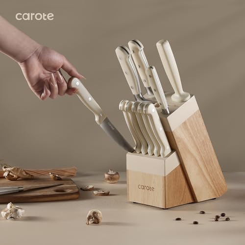Kitchen Knife Set with Wood Block - 14 Pieces, Rust-Resistant, Cream