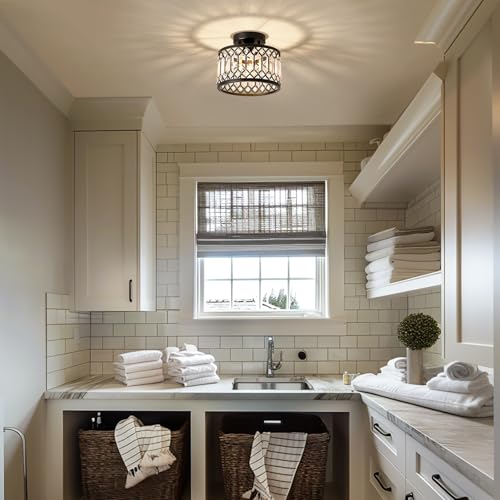 Pevfah Black Crystal Ceiling Light - 9 Inch Semi Flush Fixture for Small Spaces
