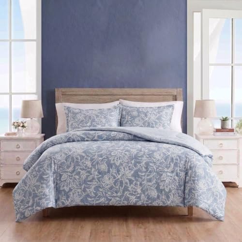 Queen Size Cotton Comforter Set with Matching Shams - Reversible Floral & Basketweave Design, Tortola Blue