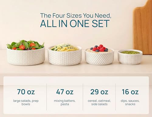 KooK 70 Oz Ceramic Nesting Bowls with Lids - Embossed Stoneware, Set of 4 Ivory