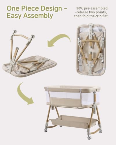 Wnttmt Beige 3-in-1 Baby Bassinet Bedside Crib with Wheels & Adjustable Heights