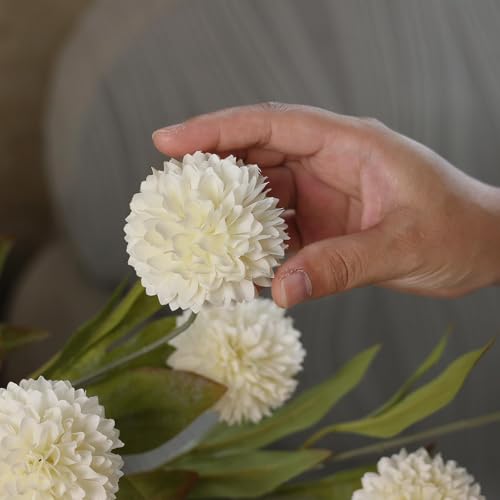 Cream Artificial Pompon Mum Flower Stems - 12 Pack, 27 Inch Faux Flowers for Vase & DIY Decor