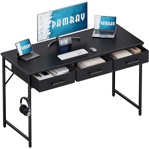 Pamray 47-Inch Small Black Computer Desk with 3 Fabric Drawers for Home Office & Study