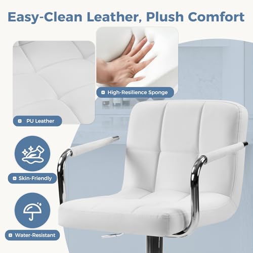 DUMOS Swivel Bar Stools Set of 2 - White PU Leather Counter Height Chairs