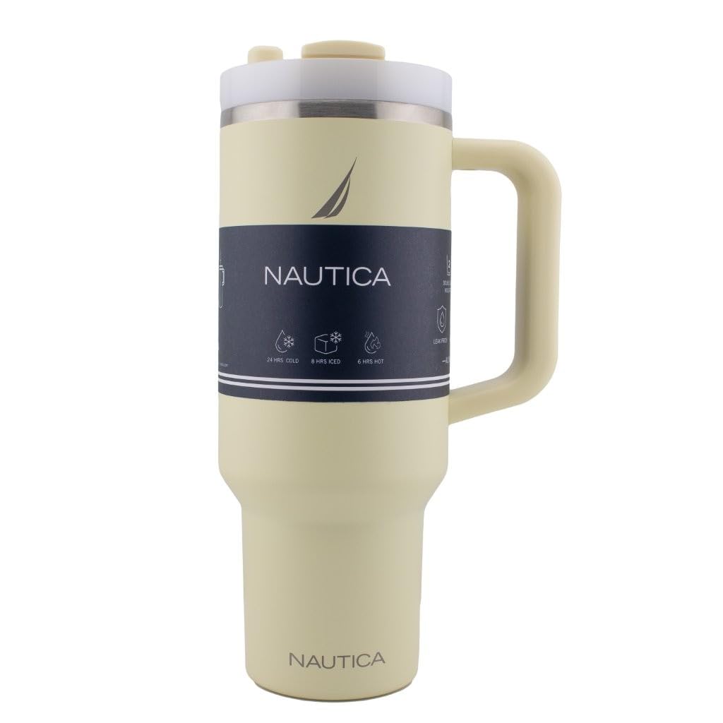 Nautica 40 oz Large Insulated Tumbler with Handle & Straw with screw on cap, Reusable Water Bottle Stainless Steel Travel Mug for Hot Cold or Iced Drink, BPA-Free, Fits Car Cup Holders (Light Yellow)