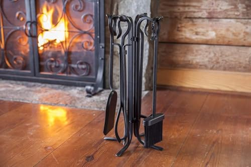 5-Piece Hand Forged Iron Fireplace Tool Set - Compact Wrought Iron Stand & Accessories