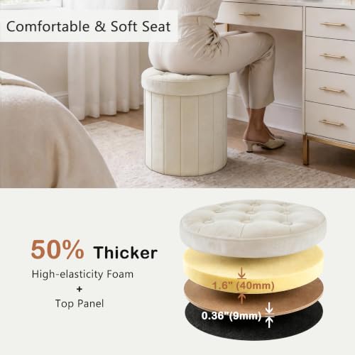 Beige Velvet Storage Ottoman with Hidden Storage - Foldable Vanity Stool