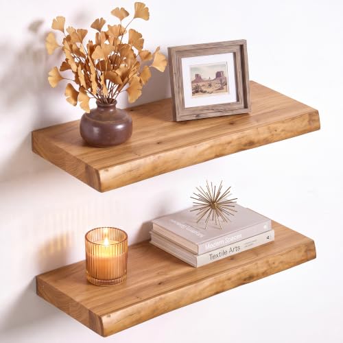 Floating Shelves Wall Mount Set - Live Edge Reclaimed Elm, 18x8x1.4in, 2-Pack