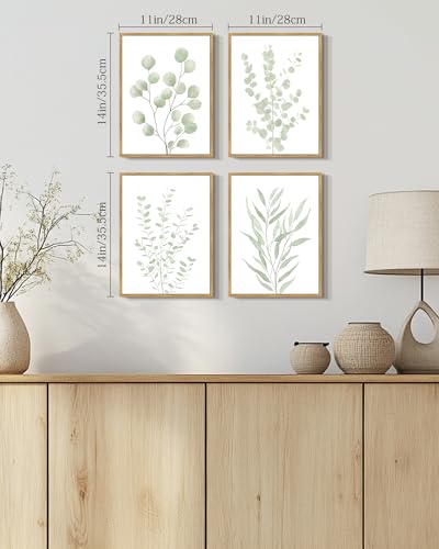 Natural Framed Botanical Wall Art Set of 4 - Eucalyptus Leaf Prints 11x14 inches, Boho Home Decor