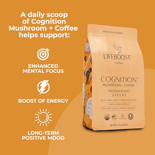 Lifeboost Organic Medium Roast Cognition Mushroom Ground Coffee 12oz with Lion's Mane & Chaga