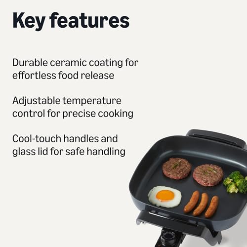 Electric Skillet with Glass Lid, Nonstick Ceramic Coating, Adjustable Temperature, 15.6x12.1 inch, Black