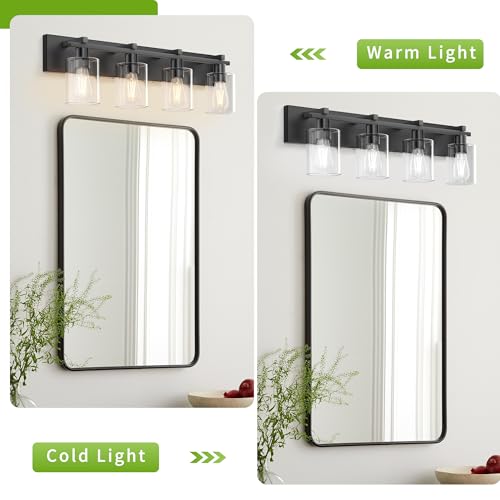 Black & Clear 4-Light Matte Black Bathroom Vanity Light with Thick Glass Shades - 30 Inch Modern Wall Sconce, Over Mirror Lighting