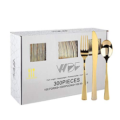 Gold Disposable Cutlery Set - Heavy Duty Plastic Forks Spoons Knives, Modern Variation